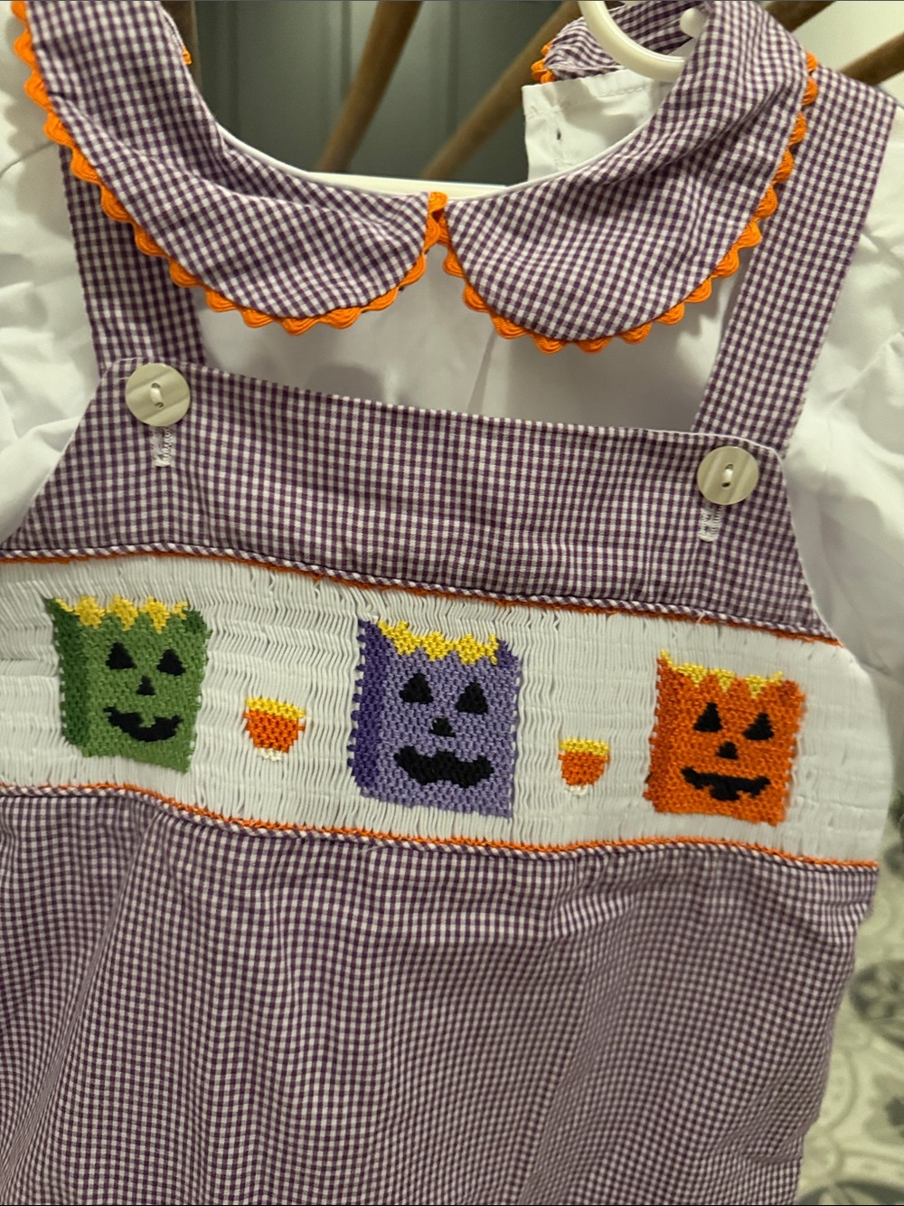 Purple Gingham girls 4T Halloween Smocked jumper  Dress peter pan ruffle blouse